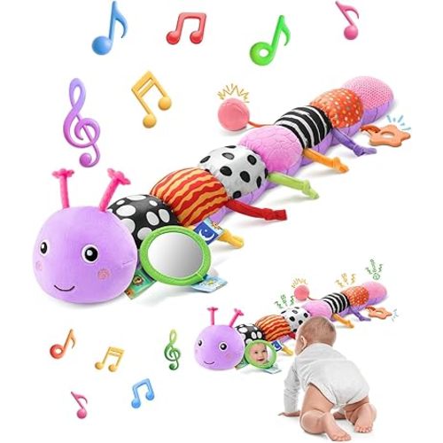Baby Toys 6-12 Months Music Caterpillar,Stuffed Animals Infant Toys 0-3-6 Months,Teething Sensory Toys Tummy Time with Mirror Crinkle Rattle&Pull String for Boys Girls Gifts Birthday|Purple