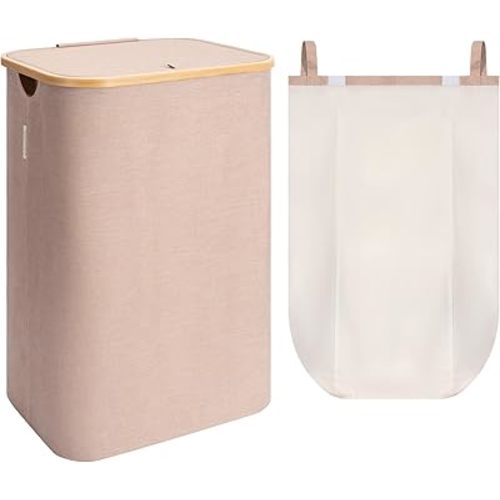 StorageWorks 100L Large Laundry Hamper with Lid, Tall Laundry Basket with Bamboo Handles and Removable Inner Bag, Collapsible Laundry Hamper for Clothing, Towels, Reddish Brown, 1-Pack