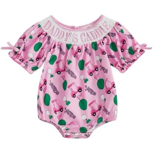 Smocked Baby Girl Clothes Short Sleeve Bubble Romper Sunshine/Golf Cart Letter Print Embroidery Bodysuit Cute Outfits