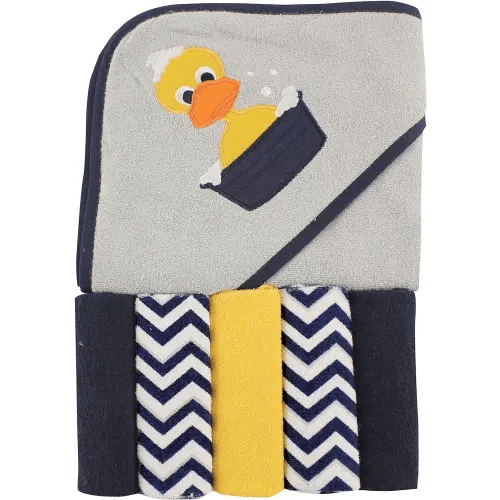 Luvable Friends Unisex Baby Hooded Towel with Five Washcloths,cotton,polyester, Duck, One Size