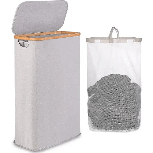 Slim Laundry Hamper, Narrow Laundry Basket with Lid,Foldable Clothes Hamper with Bamboo Handles,Hamper Basket with Removable Inner Bag for Laundry Room Bedroom College Dorm,60L Light Grey