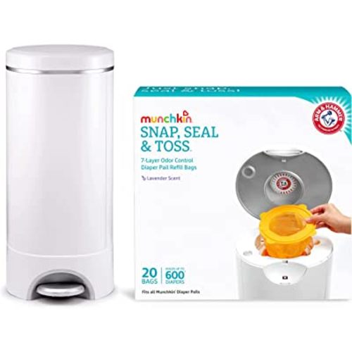 Munchkin® STEP™ Diaper Pail Powered by Arm & Hammer, #1 in Odor Control, Award-Winning, Includes 21 Snap, Seal & Toss™ Bags, 1 Starter Refill Ring, and 1 PUCK™ Baking Soda Cartridge