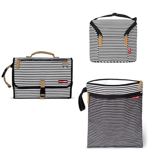Skip Hop Baby 3-Piece Travel Essentials Gift Set with Wet Dry Bag, Changing Pad, and Stroller Organizer, Black Stripe