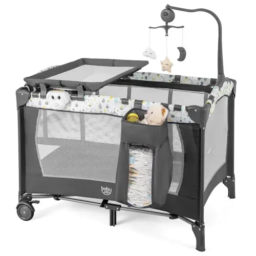 BABY JOY 3 in 1 Pack and Play, Portable Baby Playard with Bassinet, Changing Table, Lockable Wheels, Glowing Music Box, Travel Baby Crib Bassinet Bed from Newborn to Toddler