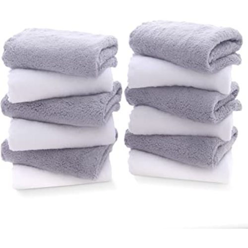 TENSTARS 12 Pack Premium Washcloths Set - Quick Drying- Soft Microfiber Coral Velvet Highly Absorbent Wash Clothes - Multipurpose Use as Bath, Spa, Facial, Fingertip Towel (Grey and White)
