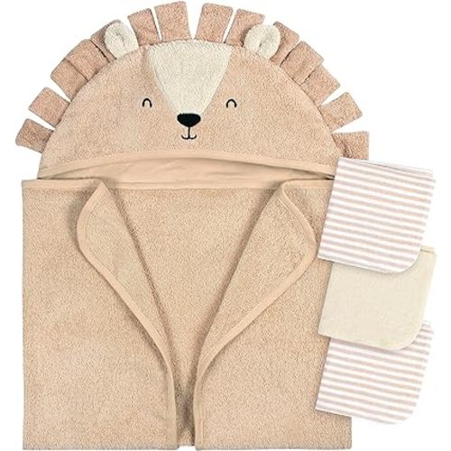 Gerber Baby 4 Piece Animal Character Hooded Towel and Washcloth Set, Brown Lion, One Size
