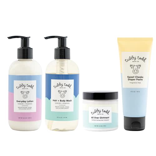 Tubby Todd Baby Bath & Skincare Kit - The Baby Bundle - Baby Shampoo and Body Wash, Everyday Lotion 8.5 Oz, All Over Ointment 3.5 Oz & Diaper Paste Cream 7.9 Oz Gift Set - Lavender Rosemary
