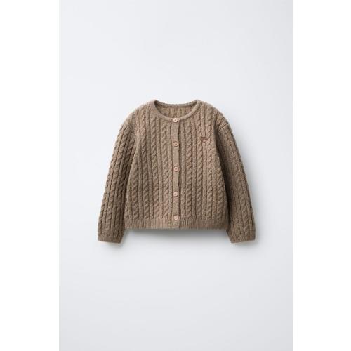 WOOL EMBROIDERED CABLE-KNIT CARDIGAN - taupe brown | ZARA United States