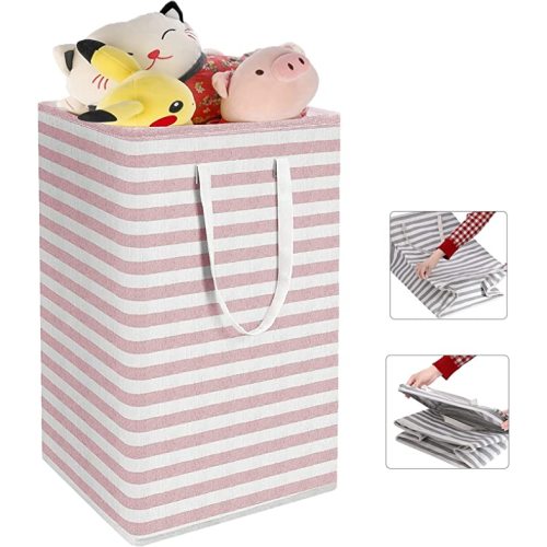 Collapsible Laundry Hamper Pink, 75L Freestanding Large Canvas Laundry Baskets Square Clothes Storage Organizer with Extended Handles Waterproof Laundry Bin for Clothes Toy Towels