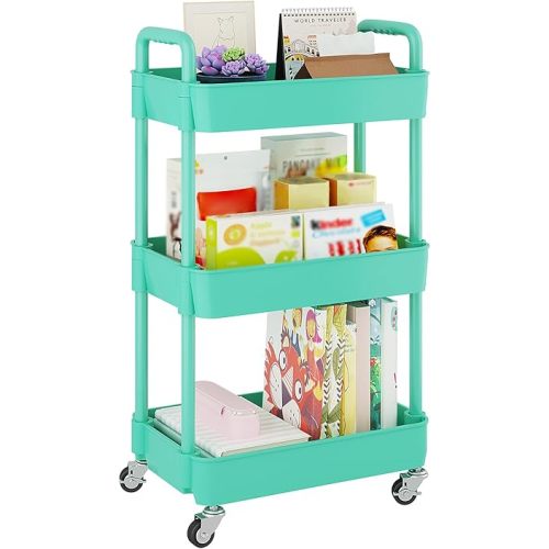UDEAR 3-Tier Rolling Utility Cart with 12 Category Labels,Multifunctional Storage Shelves with Handle and Lockable Wheels for Room,Office,Kitchen,Bathroom,Green