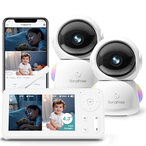 BondFree 2K Baby Monitor with 2 Cameras and Audio, Baby Monitor no WiFi RGB Night Light, Baby Monitor WiFi Smartphone 2.4G for Nursery, Pet, Elderly, 355° Rotation, Work with Alexa Google Home