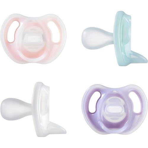 Tommee Tippee Ultra-Light Silicone Pacifier, 0-6 Months, Symmetrical One-Piece Design, BPA-Free Silicone Binkies, Pink/Purple/Green, Pack of 4
