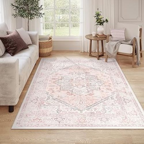 LIVEBOX Pink Area Rug 8x10 - Large Oriental Floral Living Room Rug Accent Rug for Bedroom, Non-Slip Retro Medallion Carpet Print Distressed Rug for Dining Room Guest Room Office Pink