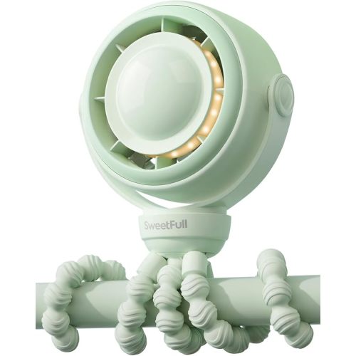 SWEETFULL Baby Stroller Fan - 4000mAh Rechargeable 4-Speed Quiet with LED Display & Night Light, Mini Portable 360° Clip On Safe Fan for Car Seat, Crib, Travel - Black