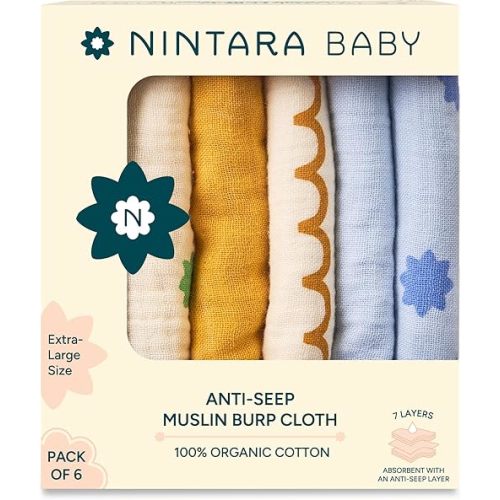 Anti-seep Burp Cloths - 100% Organic Premium Muslin Cotton, Extra-Large, 22" x 12", 7-Layer Absorbent & Waterproof, Reversible, Soft & Hypoallergenic, Gifts for Newborns, Pack of 6