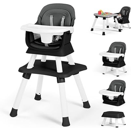 Kinder King 8 in 1 Baby High Chair, Coverts to Dining Booster Seat/Kids Table & Chair Set/Toddler Building Block Table/Kids Stool, Removable Tray & Double Seat Cover, Easy to Wipe, Grey & Black