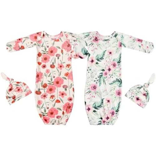 Newborn Baby Sleeper Gown with Hat Knotted Gown Nightgown Coming Home Outfits for Baby Girl 2 Pieces Set