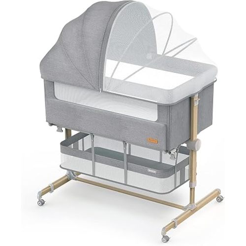Baby Bassinet Bedside Sleeper, besrey Bedside Bassinet for Newborn Infant with Comfy Mattress, 9 Height Positions, Adjustable Bedside Crib with 360° Swivel Wheels, Bassinet Sleeper with Storage Basket