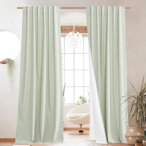 NICETOWN Sage Green Living Room Completely Shaded Linen Textured Draperies, Privacy Protection & Noise Reducing Ring Top Drapes, White Lined Insulated Window Treatment Curtains(2 Pieces, W52 x L84)