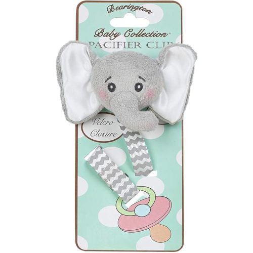 Bearington Collection Baby Pacifier Holder Clip for Baby Girls & Boys | Lil’ Spout Plush Gray Elephant Binkie & Paci Clip | Non Silicone | Satin Leash, Strap, & Binky Clip