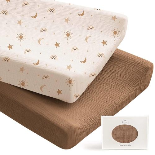 Konssy Muslin Changing Pad Cover for Baby Girls Boys, 100% Cotton Fitted Diaper Chang Table Covers, Soft Breathable Changing Pad Sheets, 2 Pack (Sunbeam Yellow,Coffice)