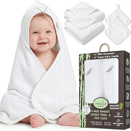 Organic Bamboo Hooded Baby Towels with Washcloths – 2 Hooded Towel (30x30 inches) & 2 Washcloth (10x10 inches) – Ultra Soft, Absorbent & Cozy Cotton Bath Towels for Newborns and Infants
