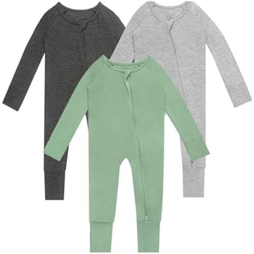 Rayon of Bamboo Baby Rompers Long Sleeve Two Way Zipper Footless Pajamas With Mitten Cuffs
