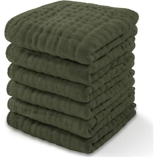 Baby Washcloths, Muslin Cotton Baby Towels, 6 Pack -Large 10”x10” Wash Cloths Soft on Sensitive Skin, Absorbent for Boys & Girls, Newborn Baby & Toddlers Bibs & Burp Cloths Essentials Set, Kelp