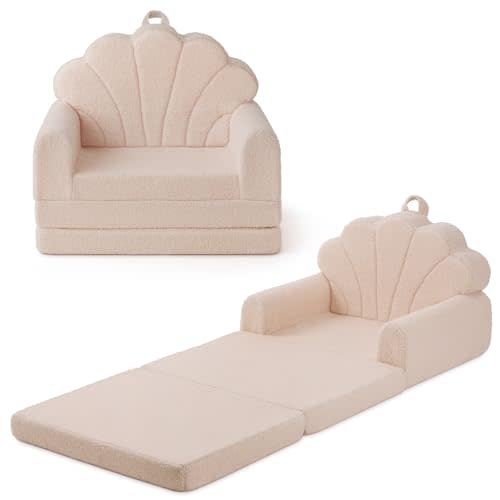 Blissful Diary Kids Couch, 2-in-1 Soft Toddler Couch Fold Out, Toddler Chair Comfy, Convertible Sofa to Lounger with Cute Shell Designs, Beige