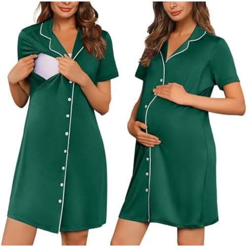 Ekouaer Button Down Nursing Nightgown V Neck Breastfeeding Dress Short Sleeve Classic Maternity Pajamas