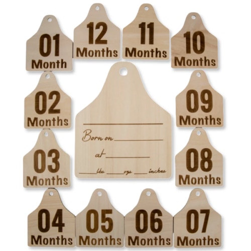 Cattle Tag Wood Announcement Sign & 12 Milestone Signs
