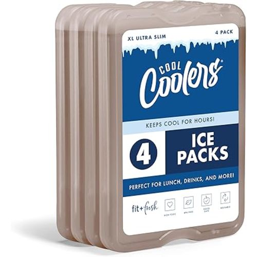 Cool Coolers by Fit & Fresh XL Slim Ice Packs, Quick Freeze Reusable Ice Packs for Lunch Boxes & Coolers, Long-Lasting, Space Saving Cooler Ice Packs, Taupe, 4Pk
