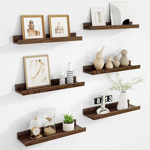 Floating Shelves Set of 6, 16 Inch Picture Ledge Shelf with Lip for Wall, Wall Mounted Display Shelf for Living Room, Bedroom, Nursery, Bathroom, Kitchen, Walnut