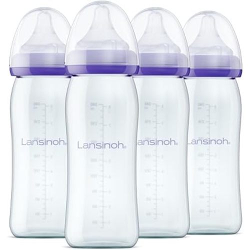 Lansinoh Anti-Colic Glass Baby Bottles for Breastfeeding Babies, 8 Ounces, 4 Count Bottles for Feeding, Baby Essentials, Includes 4 Medium Flow Nipples, Size M