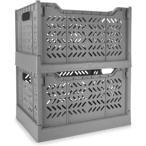 Domiella 2-Pack Crates for Storage, Storage Crates Plastic Stackable, Foldable Crate for Office Home Kitchen Bedroom Bathroom (Tall, Gray)