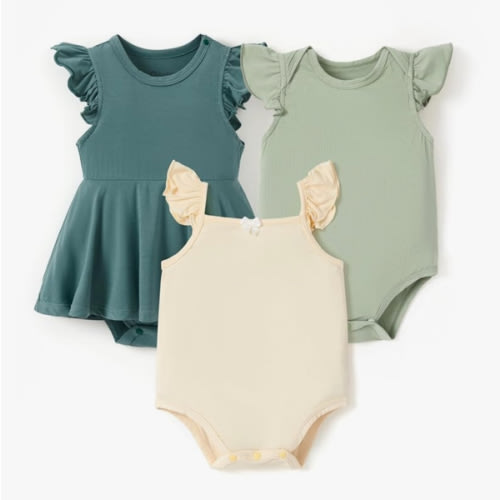 PATPAT Baby Girl Bodysuits - Soft Bamboo Viscose - Flutter Sleeves Cute Dress - Newborn Infant Summer Clothes - 3 Pack