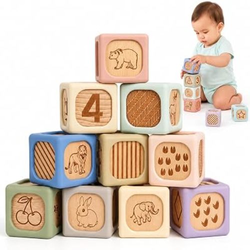 Silicone Wooden Baby Blocks, 10PCS Montessori Stacking Blocks for Babies 6M+, Food-Grade Silicone Baby Toy with Natural Wood, Soft Chewable Sensory Learning Toy with Animals