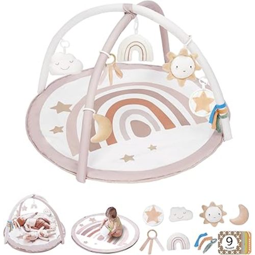 Baby Play Gym Mat, Tummy Time Activity Mat with 7 Detachable Toys and 12 Milestone Cards for Stage-Based Sensory and Motor Skill Development, Washable Play Mats for Infant, Newborn Baby Essentials