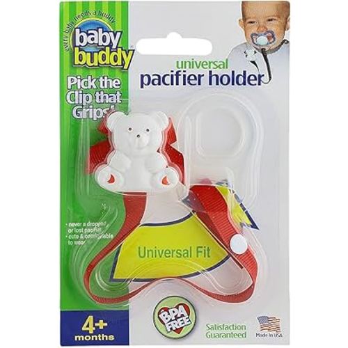 Baby Buddy Pacifier Clip Holder, Newborn Essential with Universal Fit for All Binky and Teether Brands, Ages 4+ Months, Red, 1 Pack