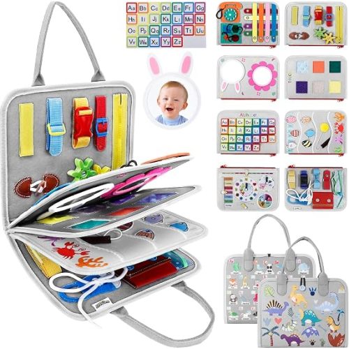 Busy Board Montessori Toys for 1 2 3 4 Year Old Boy & Girl Birthday Gifts, Autism Sensory Travel Toy for Toddlers 1-3, Educational Activity Sensory Busy Book for Learning Fine Motor Skills, Gray