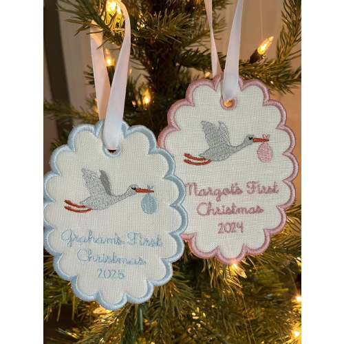 Baby's First Christmas Stork Custom Embroidered Scallop Christmas Ornament