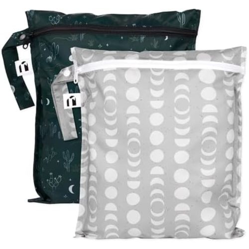 Roamio Waterproof Wet Bag for Baby, Travel, Swim Suit, Cloth Diapers, Pump Parts, Pool, Beach, Gym Clothes, Toiletry, Hook to Stroller, Daycare, Zipper Reusable Wetdry Packing, 2-pk Dk Green and Gray