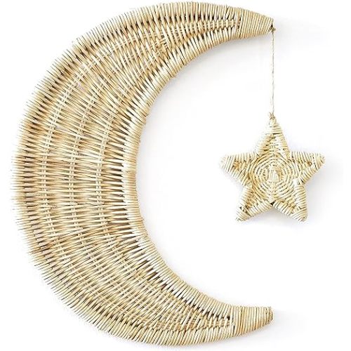 BEBE BASK Handmade Rattan Moon Wall Décor with Star - Moon Decor - 100% Natural Organic Rattan Moon Decor for The Boho Nursery Décor - Moon and Stars Nursery Décor - Stars and Moon Nursery Décor