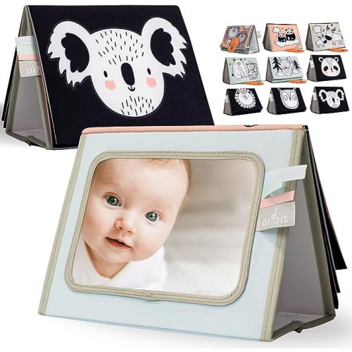 Soft Tummy Time Book w/ Large Stimulating Baby Safe Mirror - Fun High Contrast Montessori Toy w/ Mirror, Crinkle Filling & Silicone Teether - The Perfect Toy For Safe Early Newborn/Infant Development