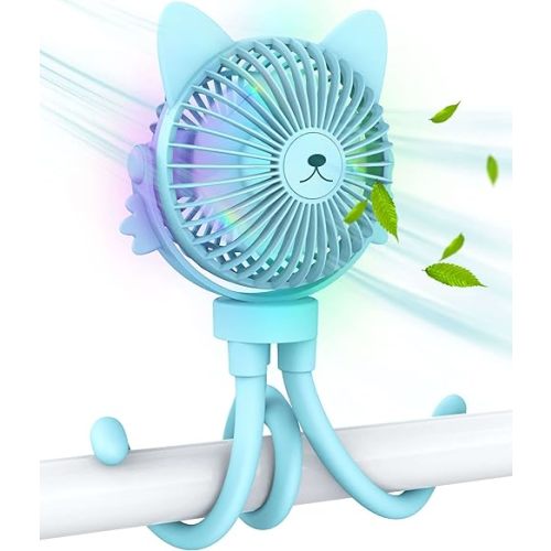 Portable Stroller Fan for Baby – Rechargeable Handheld & Clip-On USB Fan, Stroller Accessories with Night Light (Blue)