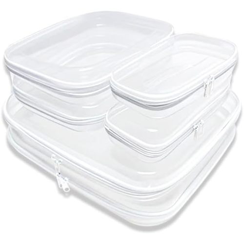 【6-Pack】 Clear Hard Shell Zipper Case Set | Durable Travel Pouches for Toiletries, Makeup Storage Organizer, Toy Storage Box | Transparent Cosmetic Bags with Zipper for Organization (white)