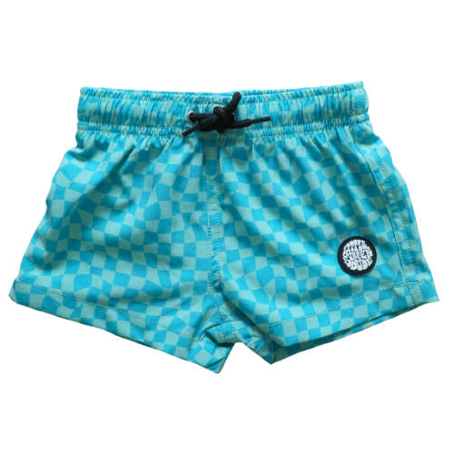 Blue and Green Checkered Little Surfer Dude Swim Trunks