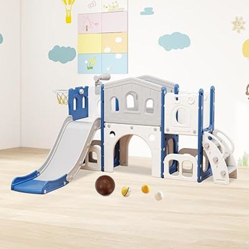 8 in 1 Toddler Slide Set, Kid Slide with Basketball Hoop Telescope and Climber, Indoor Outdoor Playset, Toddler Playground for Age 1-3, Blue & Gray