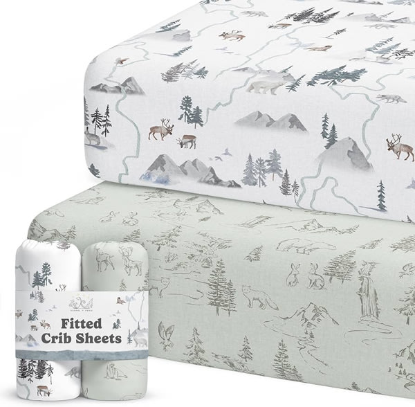 Crib Sheets Neutral - Fitted Baby Crib Sheets Bed for Girl Boy - 2 Pack Standard & Toddler Mattress - Buttery Soft Organic Cotton Blend (Arctic Journey)