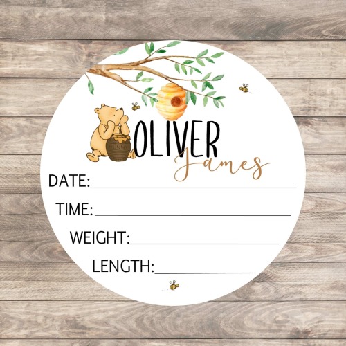 Classic Winnie Bear Baby Birth Stat Announcement, Personalized Wood Round Name Sign, Nursery Decor Boy, Novelty Pooh Bear Baby Shower Gift